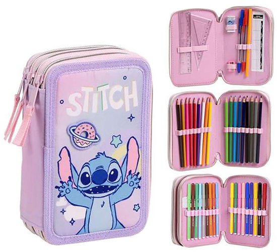 Stitch Etui Meisjes – 44-delig Tekenetui – Gevuld 3-vaks Pennenzak met Kleurrijke Inhoud