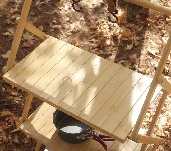 Draagbaar campingrek - 3 laags - Met 2 haken - Outdoor - Indoor - Kamperen - Opvouwbaar rek voor camping - Picknick - Bamboe - Opbergrek van Merkloos — afbeelding 4