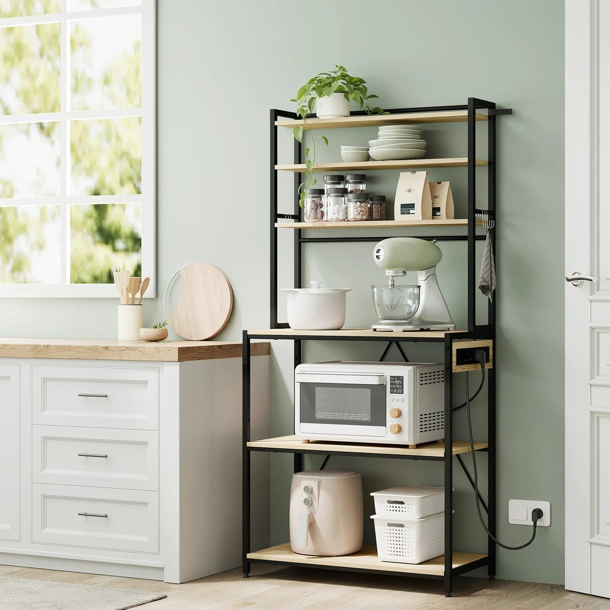 Keukenrek met Stopcontact – Stellingkast - Bakkerskast – 6 Lagen Staand Rek - Opbergrek Keuken – Hout & Metaal – 80x40x167 cm - Licht Eiken