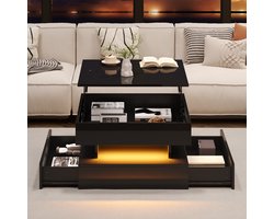 Re-purelife® Verstelbare Moderne Salontafel Liftsysteem - Vierkante Bijzettafel met LED Verlichting, 2 Laden & Veel Opbergruimte - Zwart Hoogglans - Eettafel Bureau Tafel voor Woonkamer of Kleine Ruimte - 65x65x38.5 cm