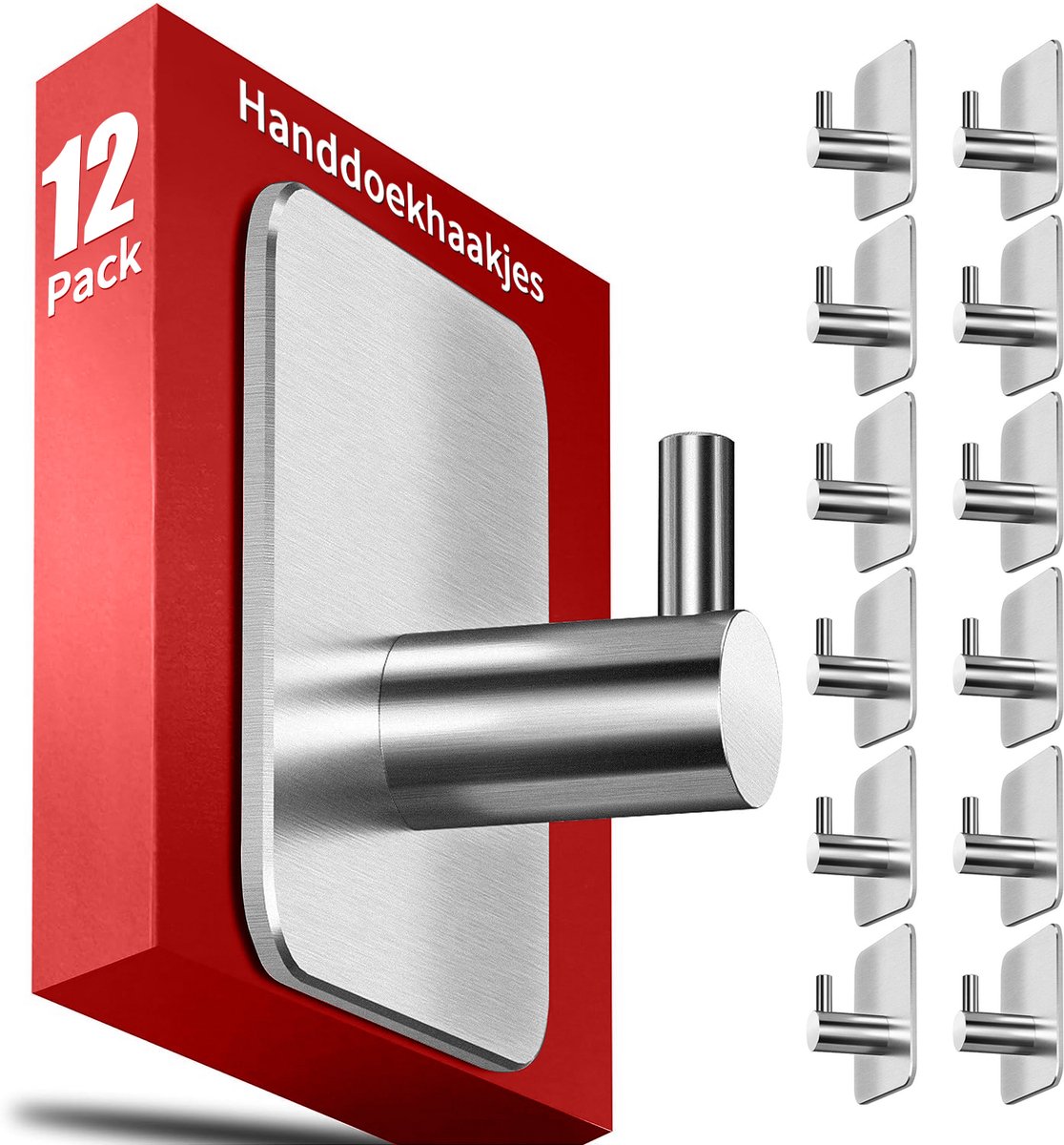 TTLUOKER®12-Pack Zelfklevende Haakjes [5kg] - XXL Set RVS Ophanghaken Zonder Boren - Voor Badkamer, Keuken, WC & Hal - Plakhaakjes in Zilver