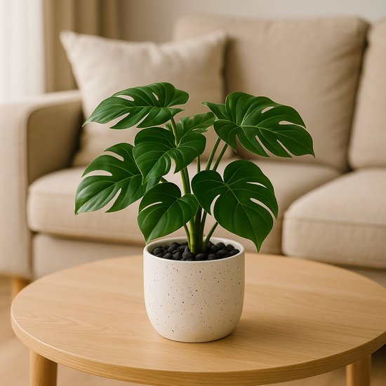 Monstera kunstplant in witte pot met zwarte steentjes op een houten salontafel, met een bank op de achtergrond.
