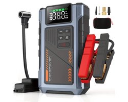 PolkaHome® 7-in-1 Jumpstarter Auto 12000mAh Powerbank met Compressor – 6000A Accu Starter voor Auto, Camper & Motor (7.5L Benzine/6L Diesel) – 12V Starthulp, Startbooster, LCD Display, LED Zaklamp, Jump Starters met Bandenpomp