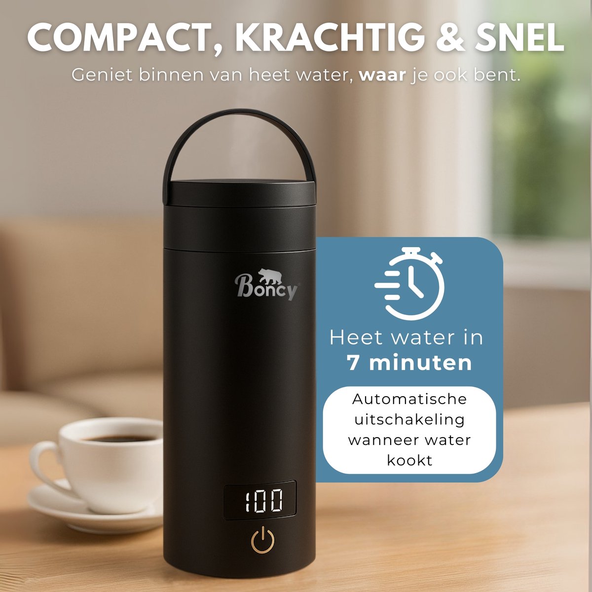 Boncy® Premium Mini Waterkoker met Temperatuurregeling - 380ml met Thermometer en Warmhoudfunctie - Kleine RVS Reiswaterkoker Zwart - Reis Waterkokers voor Camping Hotel Senioren - Klein Draagbare Travel Water Koker Grijs Temperatuur keuze - 0,5 L — afbeelding 6
