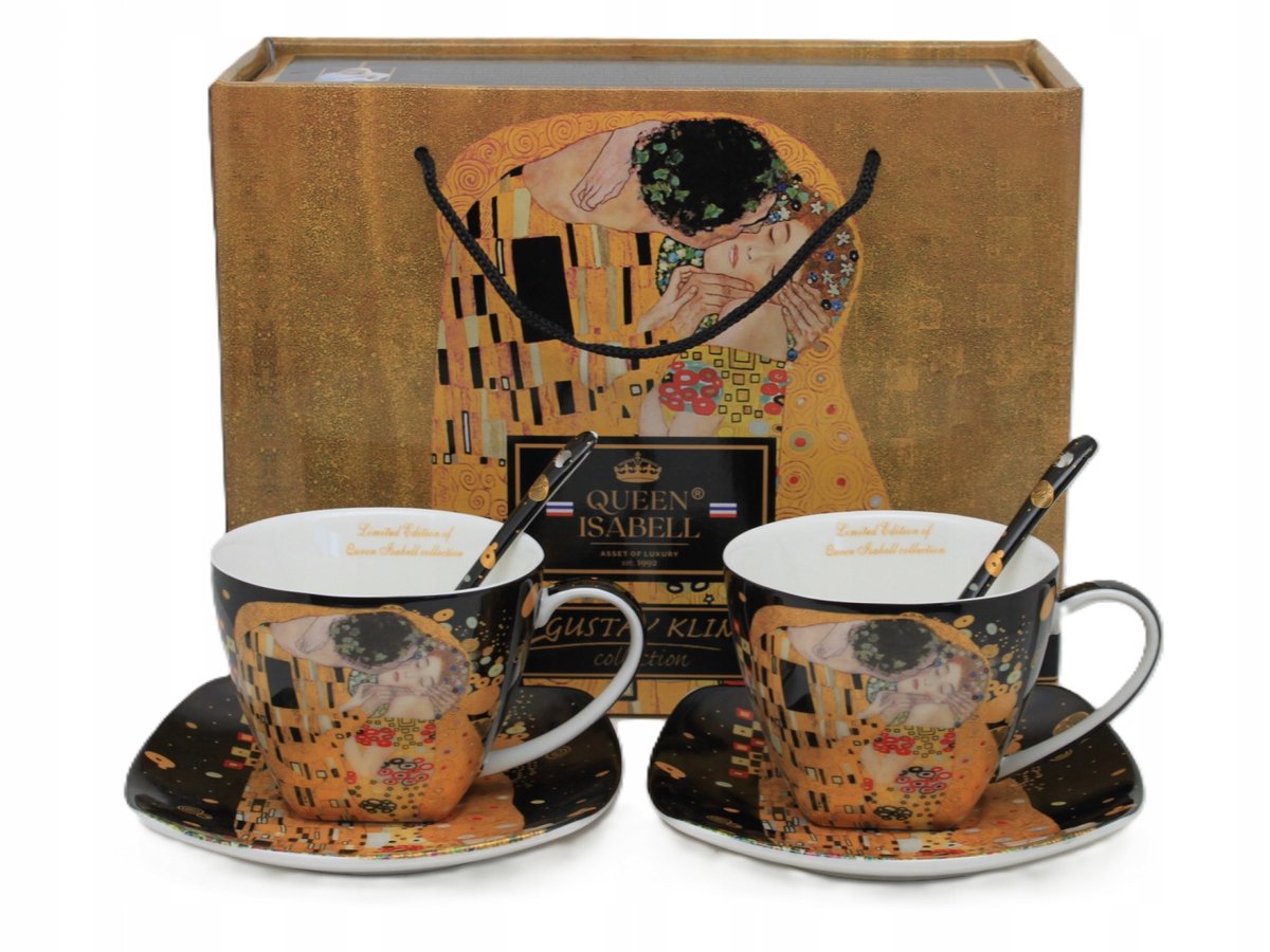 Gustav Klimt 'De Kus' Kopjes Set 2x 250ml Bone China met Schotels & Lepels
