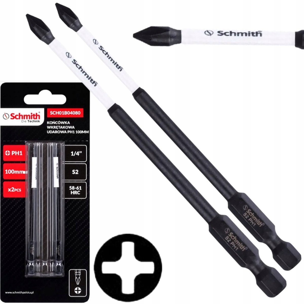 Schmith PH1 Slagmoerbitsen 100mm lange schroefbits set 2 stuks
