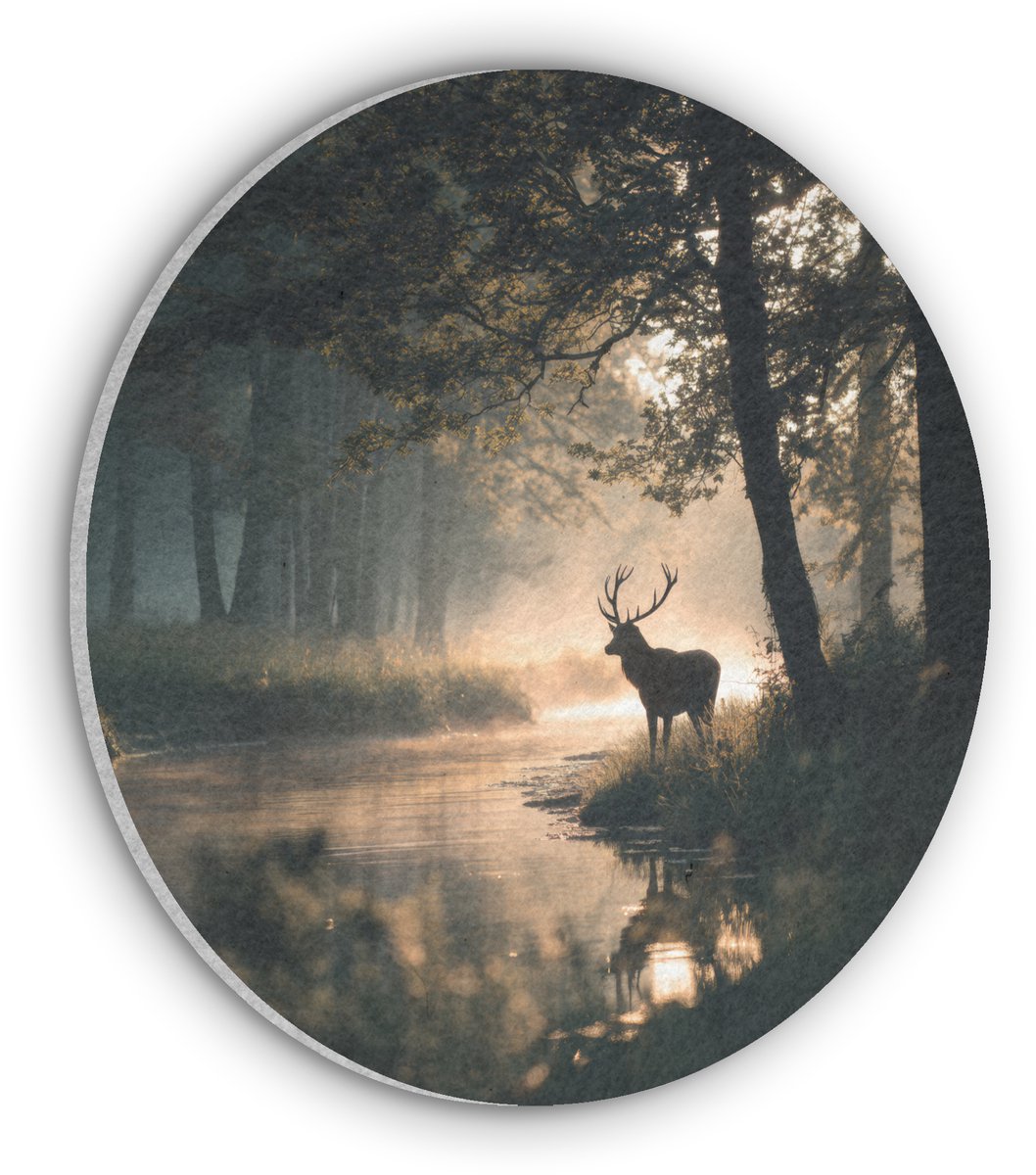 Akoestisch wandpaneel rond 90x90 cm - Vilt schilderij Hert - Bosbeek - Mystiek - Ronde akoestische panelen - Geluidsdempende wanddecoratie - Geluidsisolatie wandcirkel - Muurdecoratie geluidspanelen