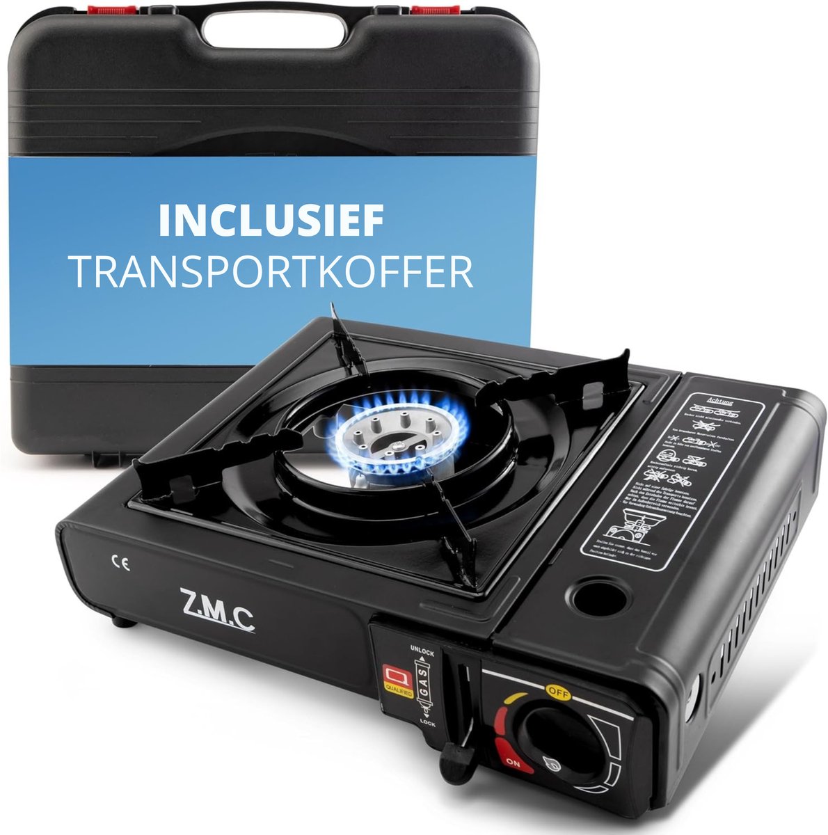 Z.M.C gasfornuis met 1 pit incl. adapter voor LPG + opbergkoffer Campingfornuis set met gaspatronen 227 g en grillplaat naar keuze, voor buiten en binnen, campinggasfornuis met piëzo-ontsteking