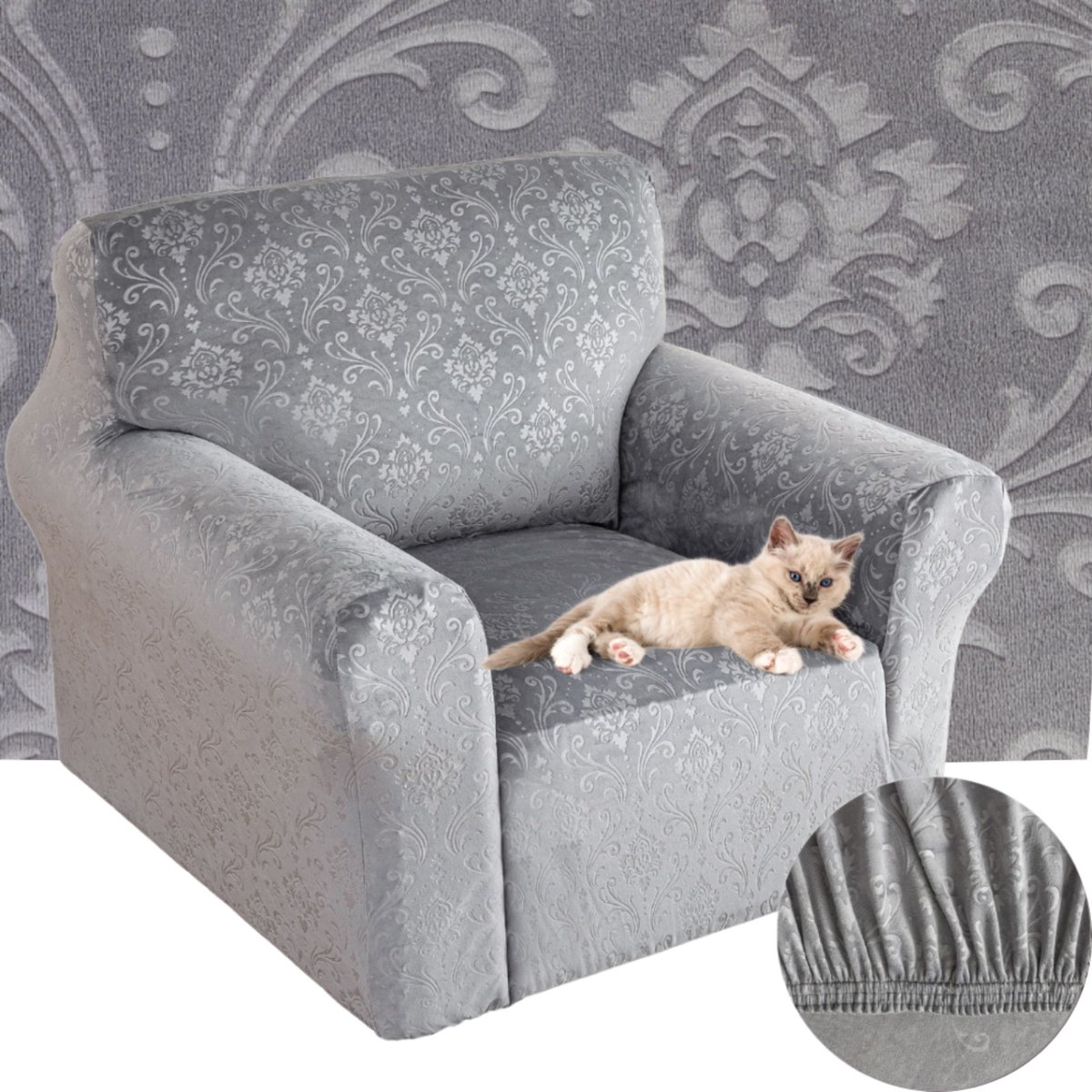 Elastische Velours Stoelhoes 90-140cm met Ornament - Grijs
