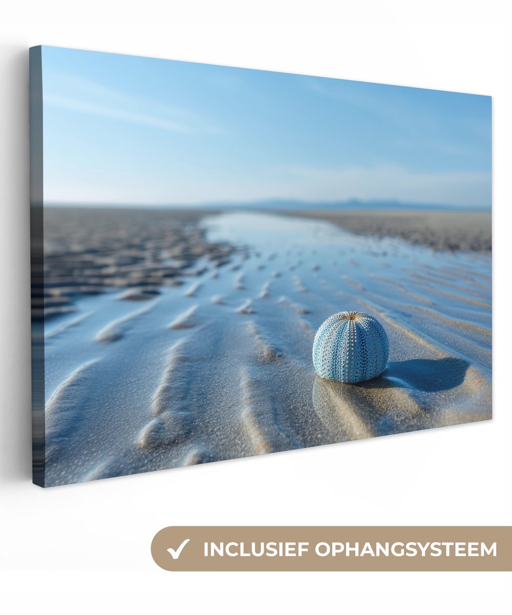 Canvas schilderij 150x100 cm - Exclusieve wanddecoratie Strand - Schild - Water - Blauw -