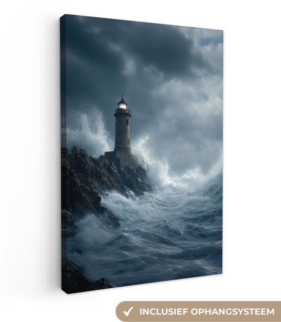 Canvas schilderij 80x120 cm - Wanddecoratie Rotsen - Vuurtoren - Golven - Klliffen - Muurdecoratie woonkamer - Slaapkamer decoratie - Kamer accessoires - Schilderijen op canvas