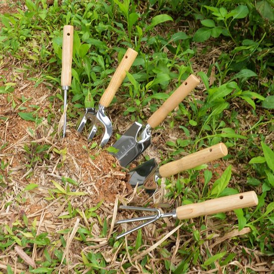Dailygoods - OFFCUP Tuingereedschapset, 6 stuks tuingereedschap, tuingereedschap met ergonomische handgrepen, waaronder brede spop, puntige spade, wortelplukker, hark, drievingerige vork en een paar handschoenen van Dailygoods — afbeelding 4