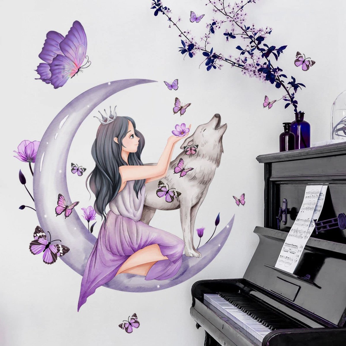 Muurstickers voor Meiden - Roze Bloemen, Vlinders - Maanswolf en Feestvarken Design