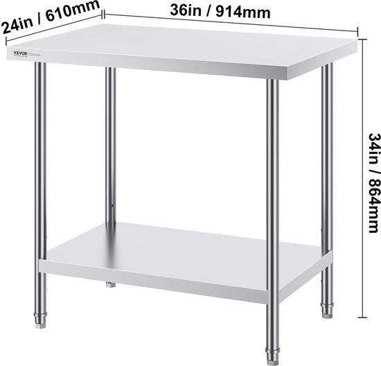 Royal Catering Roestvrijstalen Werktafel Stalen Professionele Werkbank voor in de Keuken 100x60cm Max 250kg Draagkracht met 2 Niveaus RCAT-100/60-NW