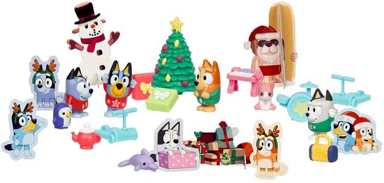Bluey 's Christmas Swim Advent Calendar, this very festive Bluey Surprise Pack has 24 surprises behind 24 different windows, including 3 Christmas swimming figures, 18 accessories and 3 stickers for