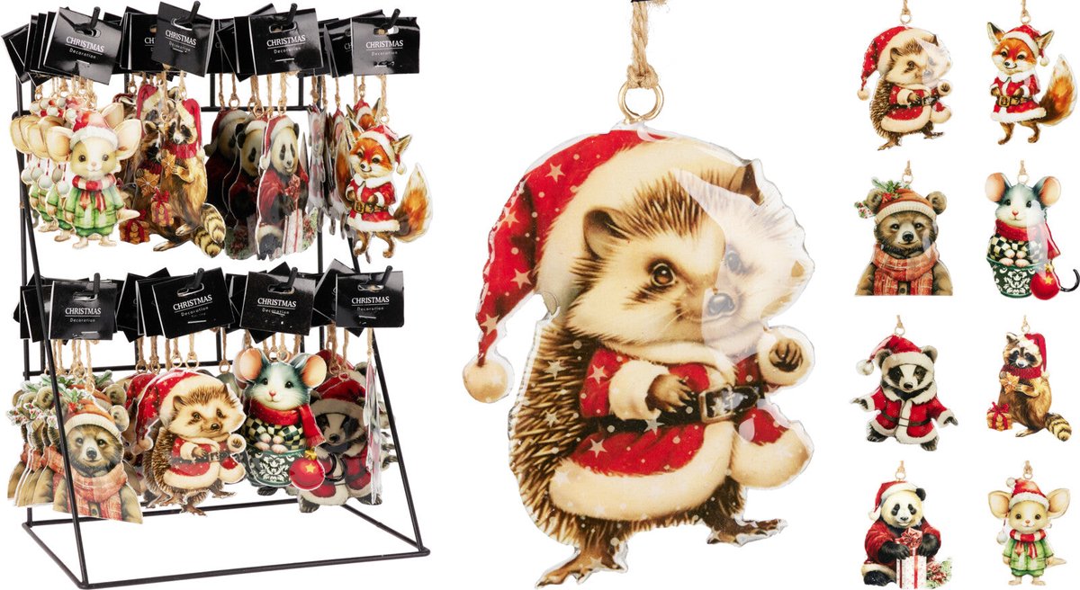 Kerst - Dier met kerstmuts - Set van 8 - Kerstboomdecoratie - Hangers - 10cm