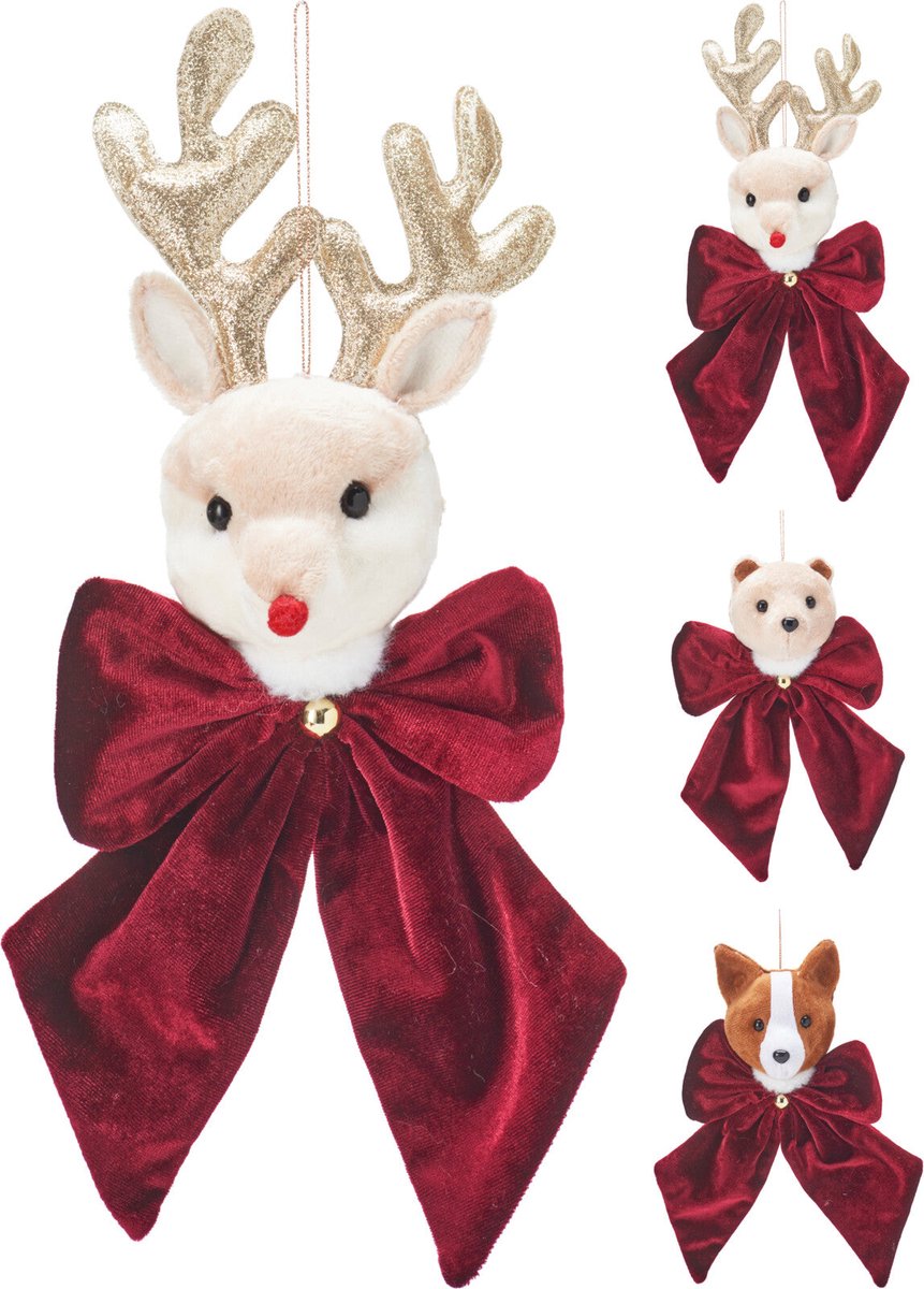 Home & Styling Kerstdecoratie/Kersthanger Velvet Dieren Strikken - Set van 3 stuks - 20cm - Rood