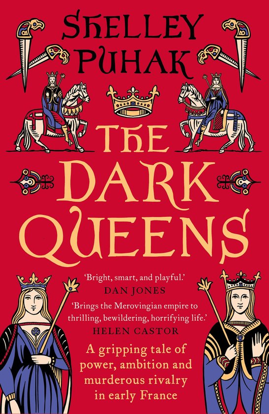 De Dark Queens, met koninginnen en ridders te paard op een rode achtergrond.