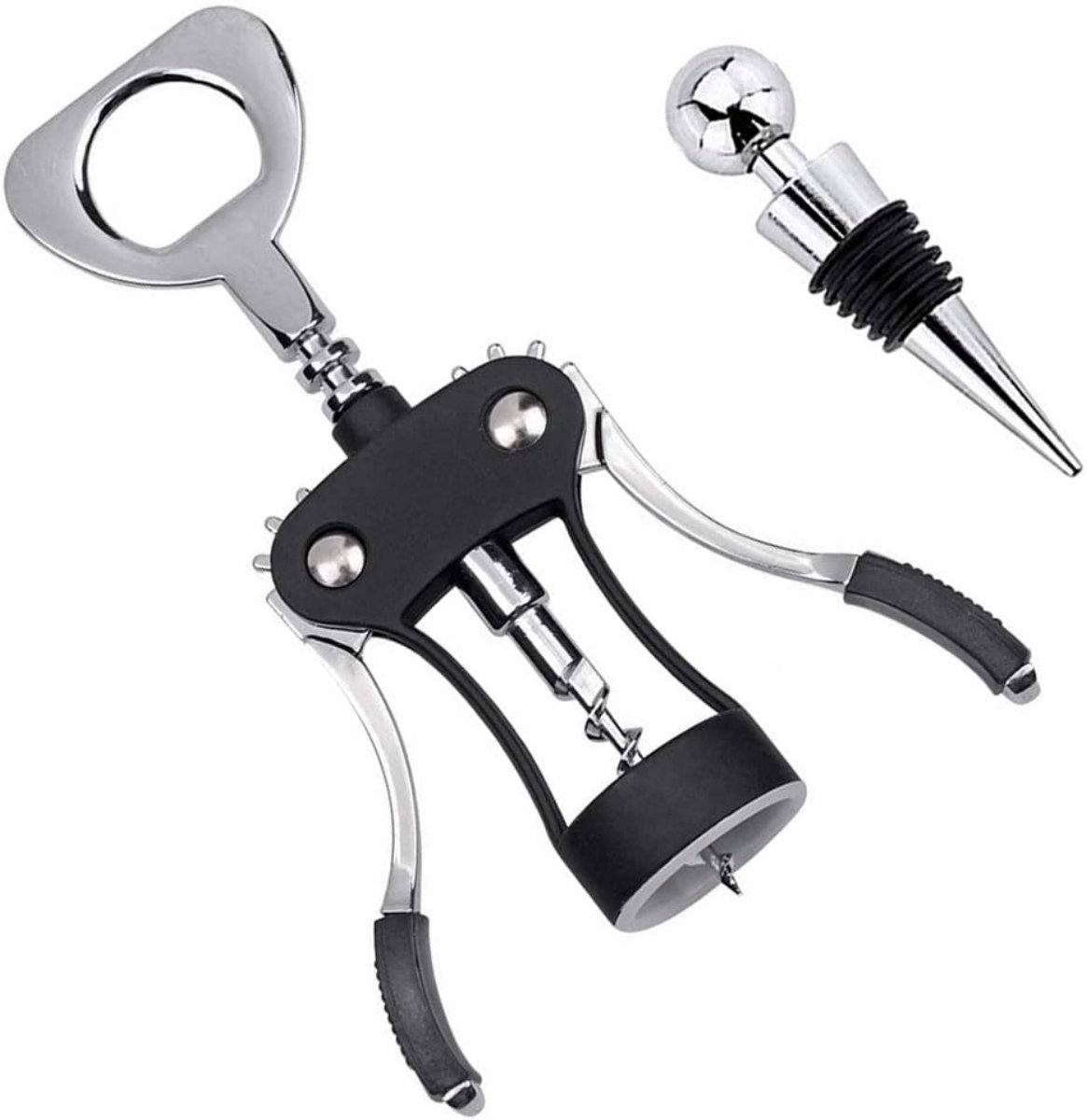 TOVBMUP 2 Stuks Vleugelkurkentrekker - Winged Corkscrew - Geschikt voor Wijn, Bier en Diverse Flessen - Spiraalvormig Ontwerp voor Minder Inspanning - Antislip Handvat - Zink Legering en Roestvrij Staal - 19x6,35 cm met Flessendop