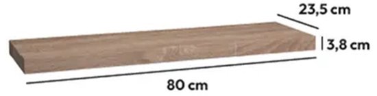 Drijvende plank van eikenhout, 80 cm lang, 23,5 cm diep en 3,8 cm dik.