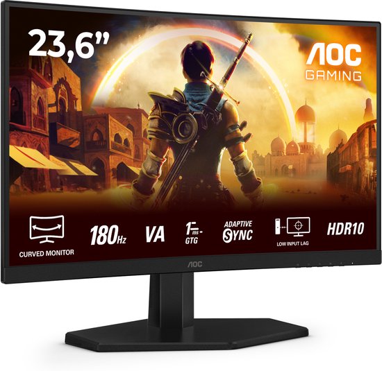 23,6" gebogen monitor met spelafbeelding. 180Hz, VA, ADAPTIVE SYNC, HDR10.