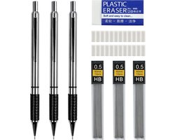 3 stuks metalen vullingen 0,5 mm, mechanisch kunstpotlood met 0,5 mm vullingen en gummen, vulhouder voor tekenen, schrijven, productie, schetsen, timmerman