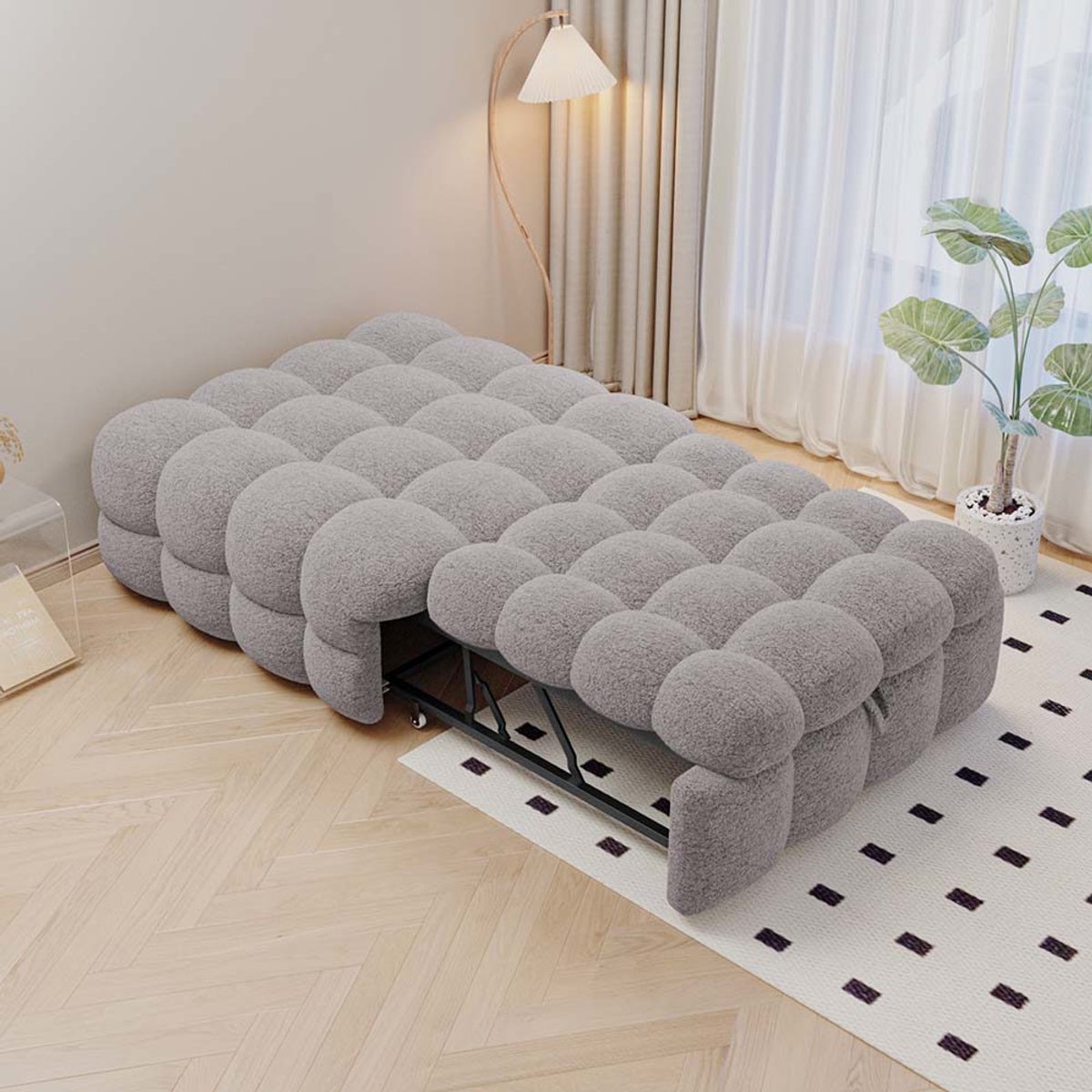 Komhtom Gestoffeerd bed, poef 2-in-1, uitschuifbare slaapbank, eenpersoonsbed, poefbed, teddy-stof, grijs