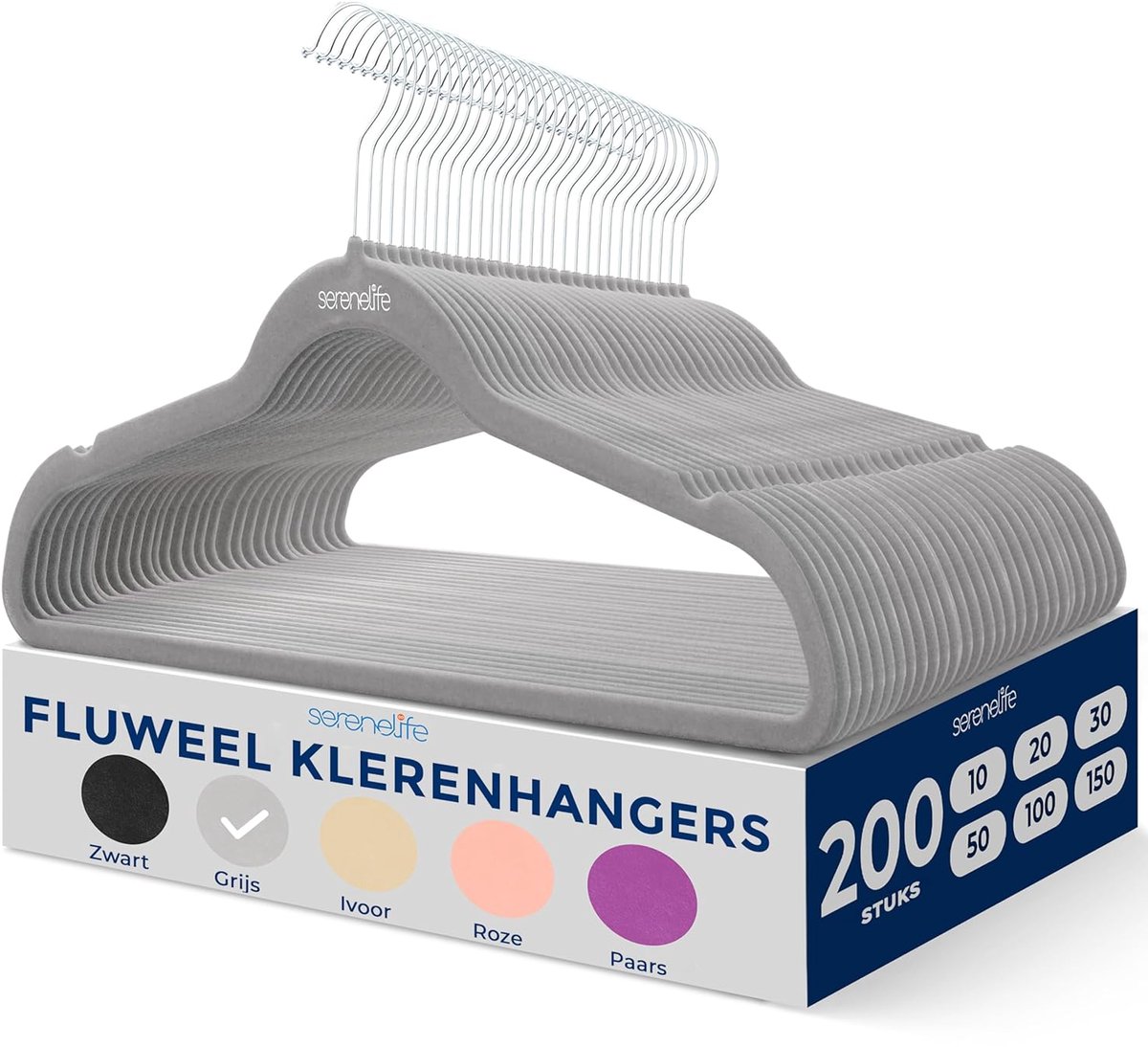 Fluwelen Hangers - Stevig en Ruimtebesparend - Set van 200 - Grijs - Gerecycled Materiaal