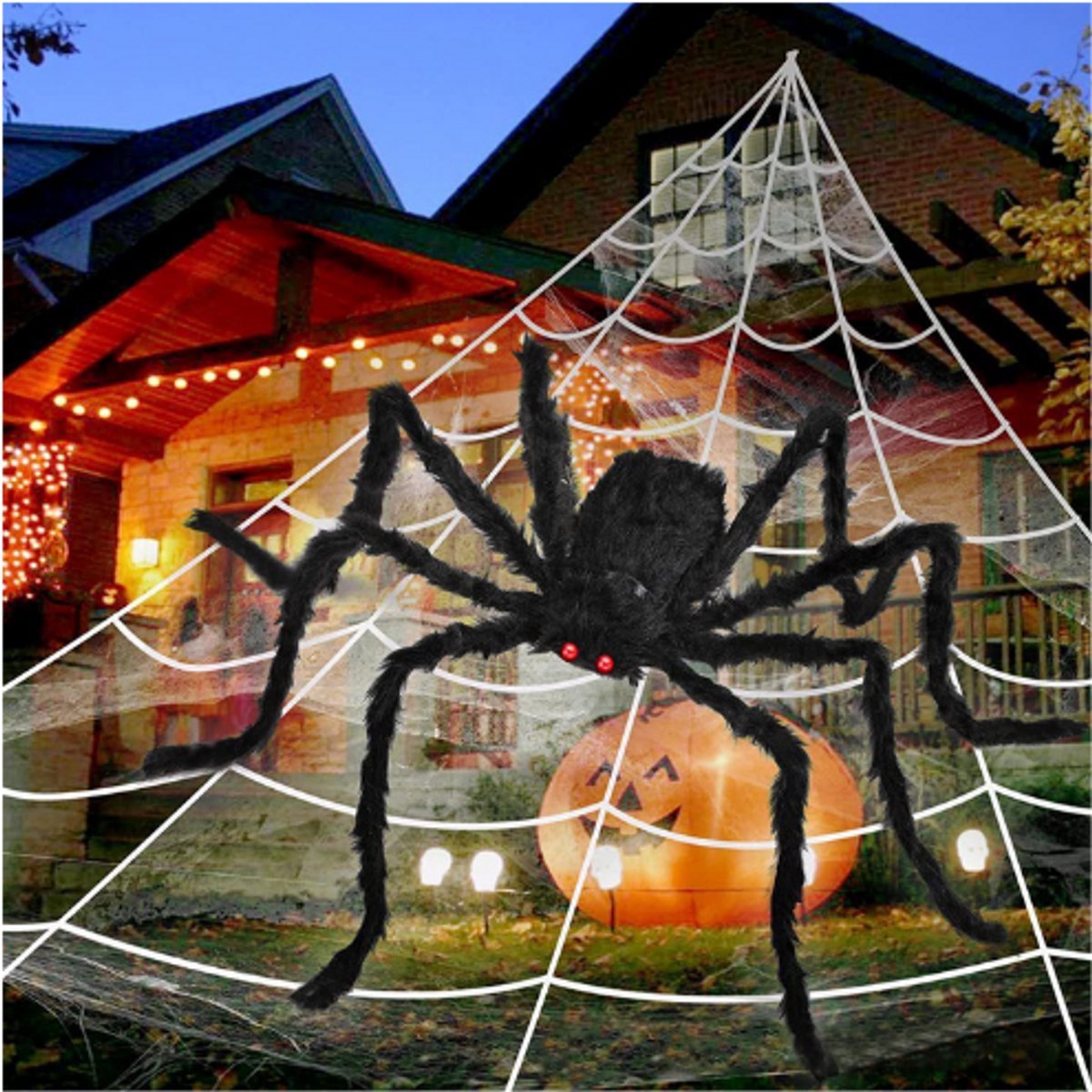 Thuys – Halloween Spinnenweb Decoratie – Grote 19 x 16FT Spinnenweb Met 1m Reuzenspin En 200 Paarse LED’s – 8 Lichtstanden – Binnen En Buiten Halloween Versiering Voor Tuin En Spookhuis
