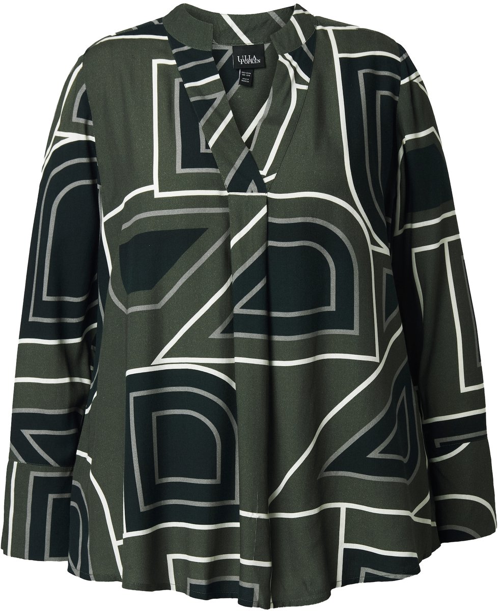 Ulla Popken - Dames - Tuniek grafische print opstaande kraag lange mouwen - Kakigrijs - Maat 50+