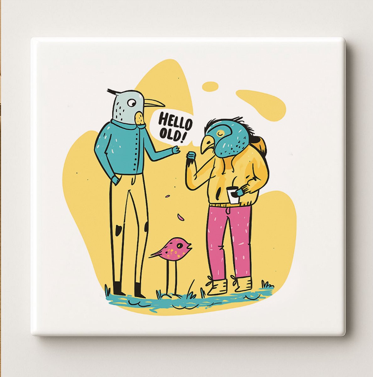 Nevolis Grappige Vogels Tegel – “Hello Old!” Vrolijke Cartoon Figuren – 15x15 cm Keramische Wanddecoratie – Uniek Cadeau voor Humorliefhebbers & Woondecoratie Multi Color