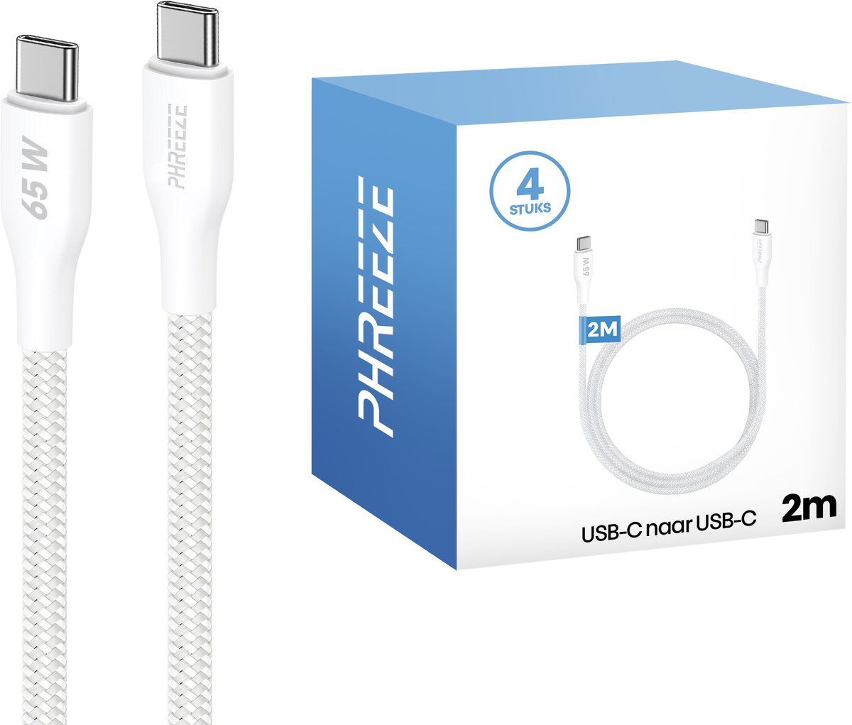 Usb C kabels 2 meter - 4 pack - 65w fast charge & 480mbps data - Stevig nylon - Phreeze