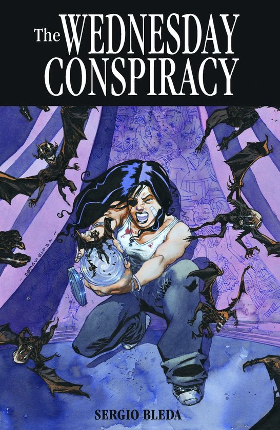 Boekomslag van 'The Wednesday Conspiracy' met een vrouw die een pot vasthoudt, omringd door vliegende wezens.