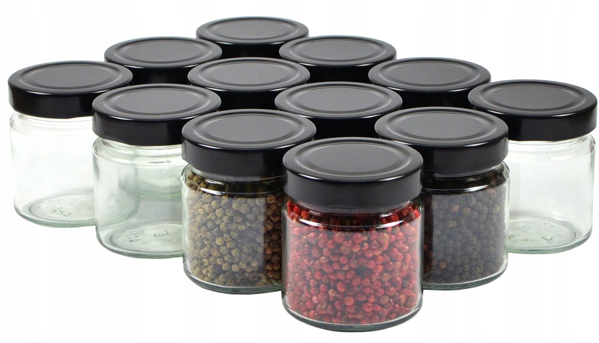 Set van 12 Glazen Potten 225ml met Zwarte Schroefdeksels