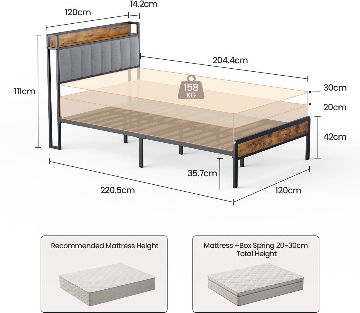 Xbro Gestoffeerd Bed 120 x 200 cm - Tweepersoonsbed met 35 cm Opbergruimte - Lichtgrijs — cadeau in Cadeau-ideeën - foto 2