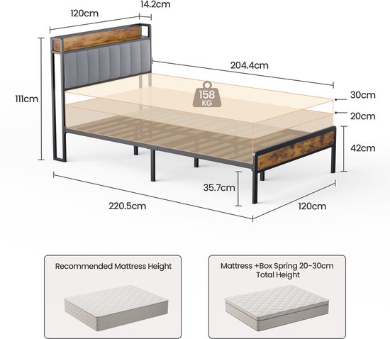 Xbro Gestoffeerd Bed 140 x 200 cm met Hoofdeinde en Lattenbodem, Tweepersoonsbed, Eenpersoonsbed, Gemakkelijk te Monteren en Stabiel, 20 cm Legplank, Beige