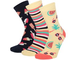 Leuke vrolijke katoenen meisjes sokken met print - 6 paar Apollo kousen met strepen, ijsjes - vakantie strand thema - maat 27/30 - multicolor - 2x leuke 3 pack kindersokken