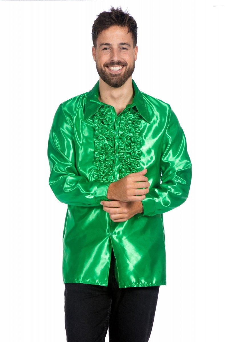 Ruchesblouse satijn groen Kevin - Maat 48