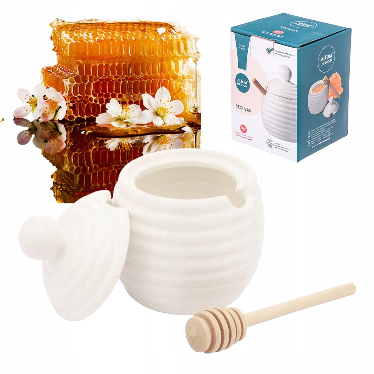 Porseleinen Honing Pot met Lepel - 250 ml - Romig Wit