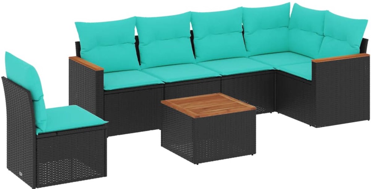 vidaXL - 7-delige - tuinbankset - met - kussens - van - zwart - polyrotan