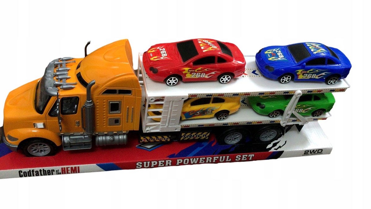 Grote Truck Autotransporter met 4 Sportauto's - 50cm