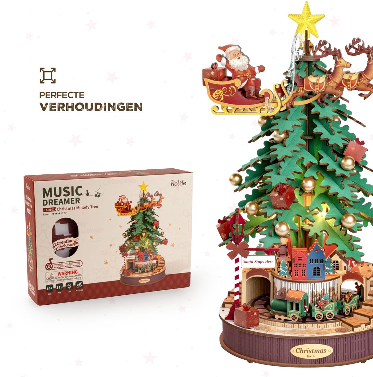Robotime Christmas Melody Tree 3D Houten Muziekdoos – Kerstboom Bouwpakket – 319 Onderdelen - 30x30x40cm — afbeelding 6