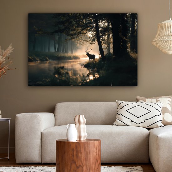 Peinture sur toile 120x80 cm - Décoration murale exclusive Cerf - Ruisseau forestier - Mystique - Décoration murale salon - Décoration chambre - Accessoires chambre - Peintures sur toile