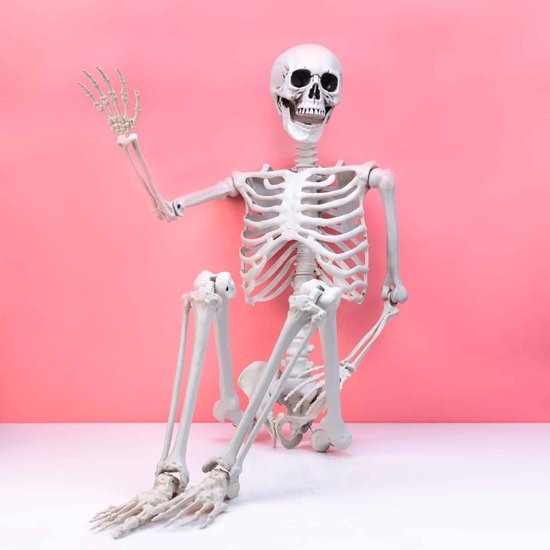 165,1 cm großes bewegliches Skelett für Halloween-Dekorationen im Freien, 1,6 m lebensgroßes Skelett mit leuchtenden Augen und gruseligen Geräuschen für Halloween-Dekoration, großes Kunststoff-Skelett