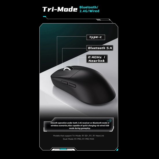 Zwarte draadloze muis met type-c, Bluetooth 5.4 en 2.4G/Nearlink connectiviteit.