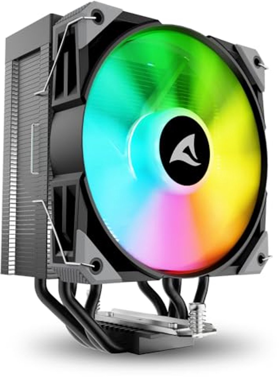 Zwarte RGB CPU-koeler met 4 heatpipes en hoge TDP