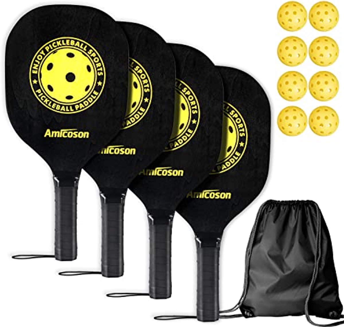 Houten Pickleball Peddels Set - 4 Peddels, 8 Balls, Draagtas