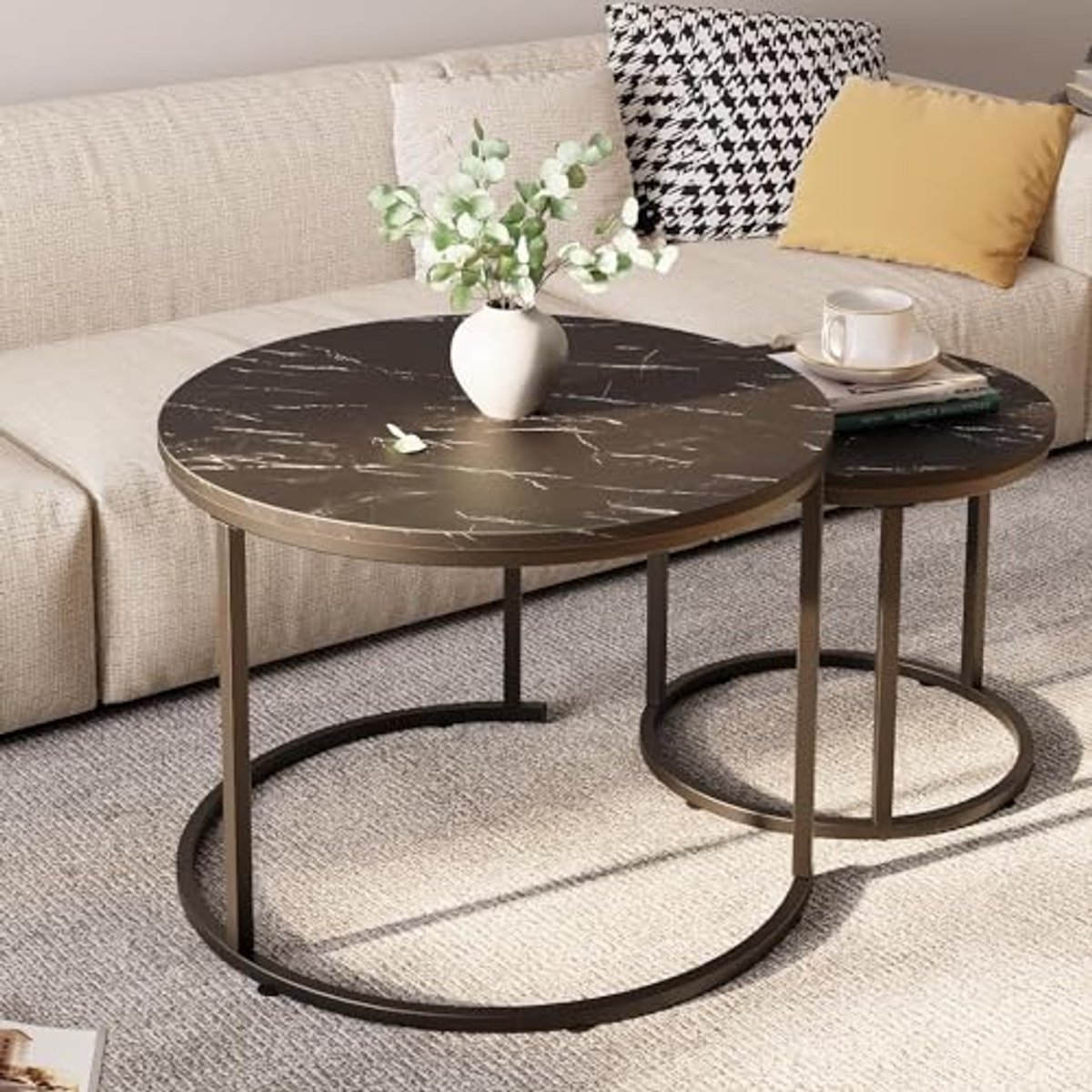 Set van 2 Ronde Salontafels - Nesttafels met Metalen Frame voor Woonkamer en Slaapkamer