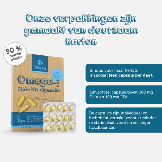 Testa Omega-3 Algenolie - Hoogste concentratie DHA & EPA - Vegan Omega 3 - 60 Capsules - Plantaardig Voedingssupplement