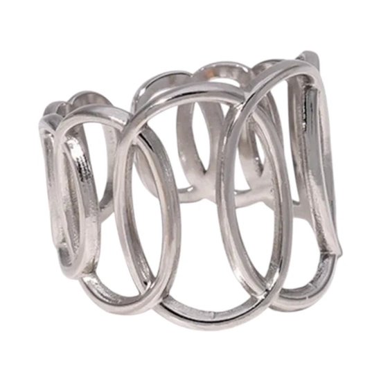 Zilverkleurige damesring met een modern design van overlappende ovalen.